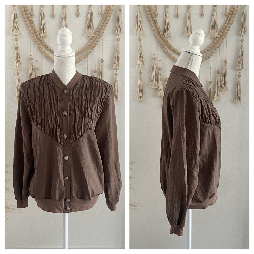 Vintage jacket brown nylon shirred button up womens with shoulder pads medium